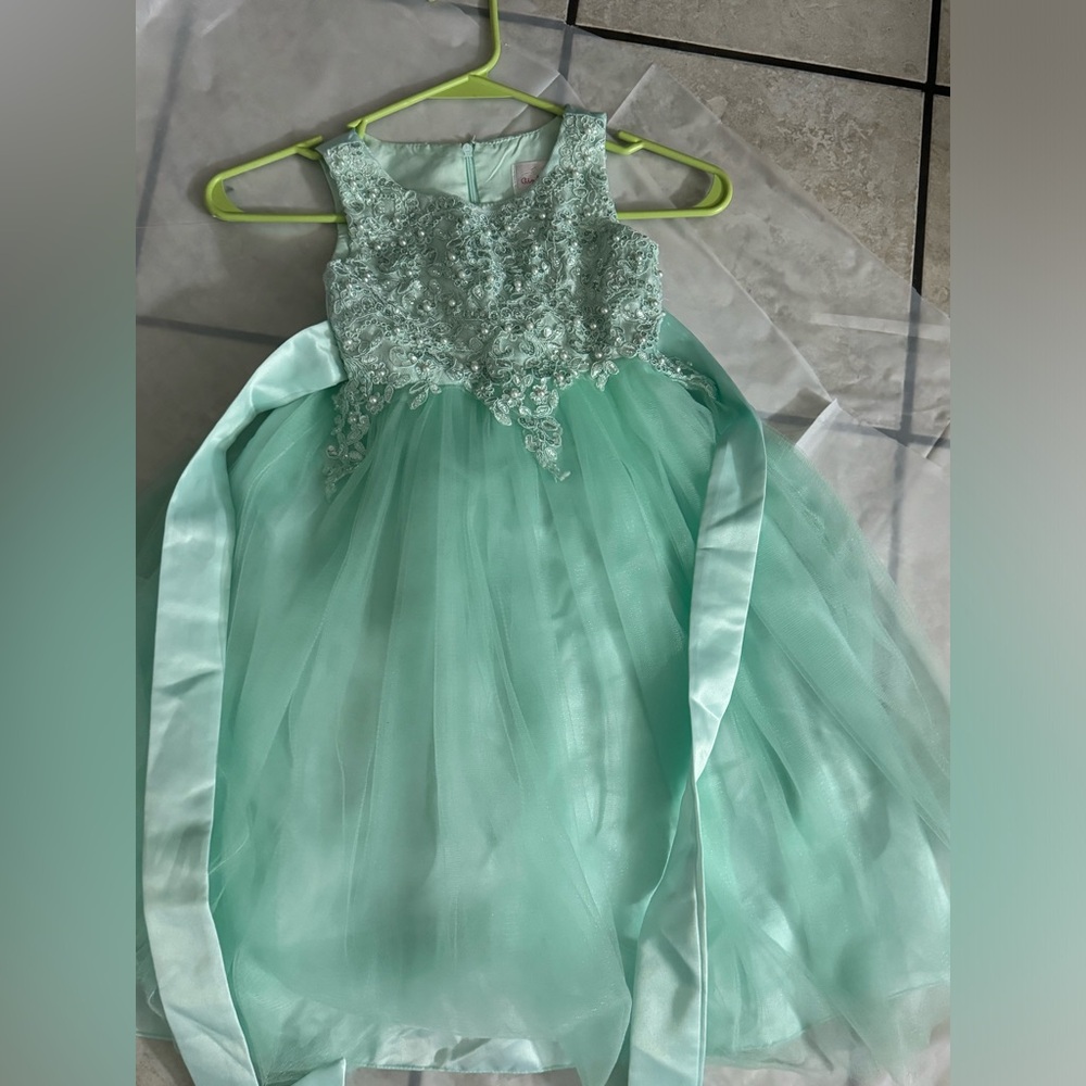 Girl mint dress with pearls and sparkles